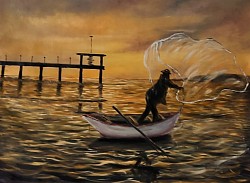 Маслена картина Бургаски мост . ,, Бургаски вечери, рибарски мрежи ,, ,,. Размер 60/70 см. - 350 лв.-179 евро