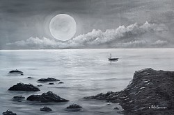 Маслена картина Пълнолуние над морето . Размер 100 /70 см .-205 евро
