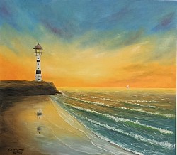 Маслена картина  море и фар. Златният залез и морския фар. Размер 70/60 см. - 290 лв..-148,30 евро
