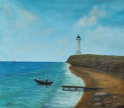 Маслена картина море и фар. Надежда за добър улов. Размер 70/54 см. - 380 лв.-194,30 евро