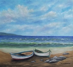Маслена картина море и лодки. Замириса на море. Размер 62/55 см.-128 евро