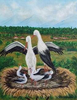 Щъркели в гнездото . Маслена картина. Размер 60/50 см. -  127 евро.