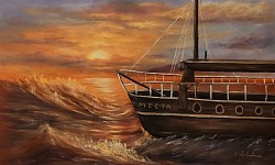 Мечта. Море, залез, кораб маслена картина . Размер 70/40 см. -153 евро
