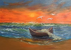 Огненият залез и старата лодка маслена картина. Размер 75/55 см. -179 евро