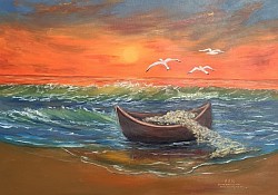 Маслена картина море и лодка. , Огненият залез и старата лодка,, - размер 70/50 см.- 350 лв-179 евро