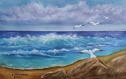 Море и чайки. Синьо лято маслена картина. Размер 60/40 см. -127 евро