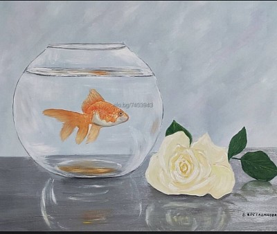 Картина с маслени бои. Златна рибка и роза