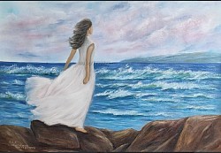 С ВЯТЪР В КОСИТЕ- море и жена маслена картина. Размер 60/40 см.- не е налична