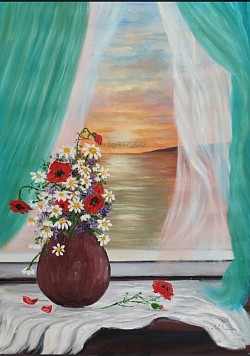 ВАЗА НА ПЕРВАЗА НА ПРОЗОРЕЦА НА ФОНА НА МОРСКИ ЗАЛЕЗ- маслена картина.Размер60/50 см.-280 лв.-143,20 евро