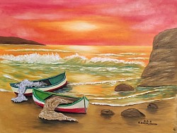 Морски залез и лодки маслена картина. ЗЛАТНО МОРЕ. Размер 70/60 см. рамка - 300 лв.- 153,40 евро
