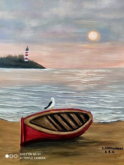 Маслена картина море с чайка и лодка. МОРЕТО ПРЕЗ АВГУСТ -име на творбата. Размер 70/60 см .-153 евро