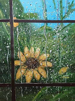 Маслена картина Слънчоглед . ДЪЖДОВНО ВРЕМЕ. Размер 40/50 см.-100 евро.