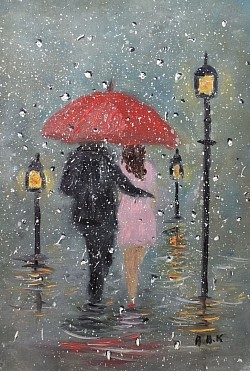 Дъждовно време мъж и жена под дъжда. Маслена картина. Размер 40/50 см-100 евро