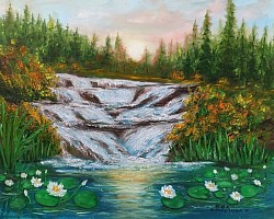 Водни лилии , водопад и залез маслена картина. Размер с рамка 75/55 см.- 300 лв.-153,40 евро