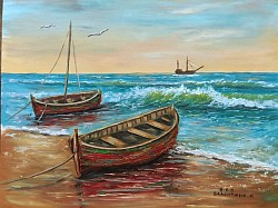 На зазоряване. Морски пейзаж с лодки маслена картина. Размер с рамка 65/55 см.- 300 лв.