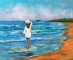 Маслена картина  Лятна прохлада.Море и жена . Размер 50/60 см. с рамка.-117 евро