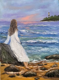 Жена стои на морския бряг. ЗАМЕЧТАНА. Маслена картина. Продадена