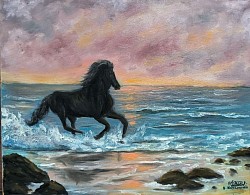 Маслена картина Морски залез и кон. Размер 40/50 см. -117 евро
