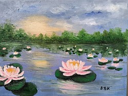 Водни лилии в езеро маслена картина. Размер с рамка 40/50 см -100 евро