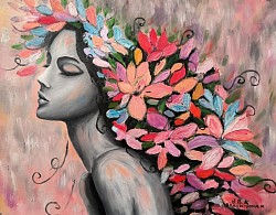 Жена с цветя в косите. Цветни мечти.Маслена картина  . 70/60 см. - 320 лв.-163,40 евро