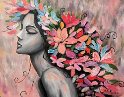 Жена с цветя в косите. Цветни мечти.Маслена картина  . 70/60 см. -163  евро