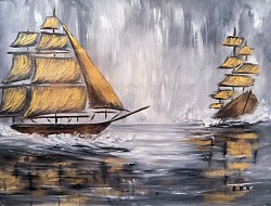 Морски пейзаж с кораби маслена картина. Златни платна. Размер 75/60 см с рамка - 153 евро