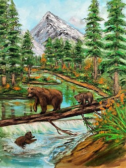 Горски пейзаж с мечка маслена картина. Размер с рамка 70/60 см. - 300 лв.-153,40 евро