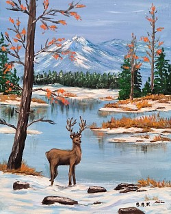 Зимен пейзаж с елен маслена картина.Някъде из Рила. Размер 55/45см с рамка - 110 евро в.