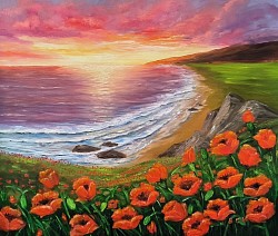 Море и макове маслена картина. Размер с рамка 65/55 см. -145 евро
