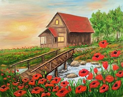 Къщата с маковете маслена картина. Размер с рамка 65/55 см - 300 лв.-153,40 евро