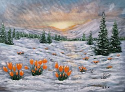 Минзухари в снега. Пролетен нюанс. Закъсняла пролет маслена картина. Размер с рамка 70/60 см -150  евро