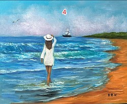 Момиче на морския бряг маслена картина. Размер 60/50 см.с рамка- 190 лв.-97,20 евро