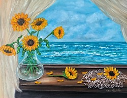 Слънчогледи  на фона на морето маслена картина. Размер 65/55 см. с рамка -143  евро