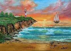 Морски пейзаж с залез и кораб. маслена  картина. Морски сън. Размер 70/50 см с рамка - 300 лв.-153,40 евро