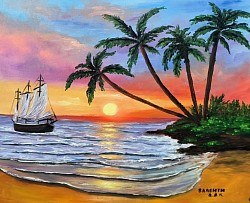 Морски залез и палми. Тропически остров маслена картина. Размер 60/50см с рамка. - 240 лв.-120 евро