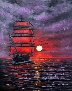 Маслена картина морски залез и кораб. ОГНЕНИ ПЛАТНА- Размер 70/60 см-280 лв..-143,20 евро