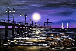Бургаският мост маслена картина. Пълнолуние над бургаския мост. Размер с рамка 70/50 см.- 250 лв.-127,80евро