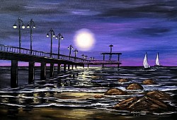 Бургаският мост маслена картина. Пълнолуние над бургаския мост.Не е налична