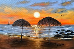 Море , залез и чадъри на плажа маслена картина. Там край морето. Не е налична
