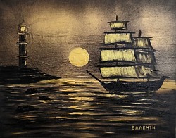 Море и кораб маслена картина. Златни проблясъци в морето. Размер с рамка 60/50 см.-117евро