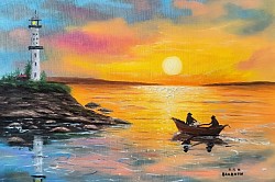 Рибари край морския фар маслена картина. Размер с рамка 70/50 см.- 290 лв.-148,30 евро