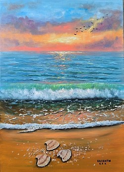 Морски залез,вълни и мидички маслена картина.Морски дар .80/60 см с рамка -180 евро