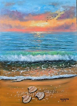 Морски залез,вълни и мидички маслена картина.Морски дар .80/60 см с рамка -210евро