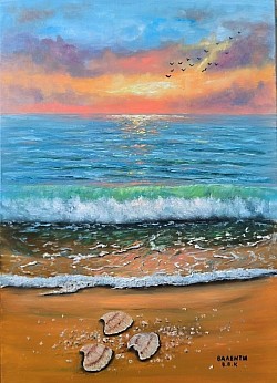 Морски залез,вълни и мидички маслена картина.Морски дар .80/60 см с рамка -180 евро