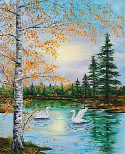 Есенен пейзаж с лебеди маслена картина. Размер 75в.60ш -280 лв- 140,40 евро