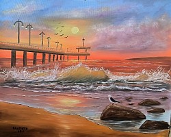 Летен изгрев над бургаския мост маслена картина. Размер 70/60 см с рамката.- 150  евро