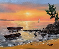 Морски залез и лодки .Вечната магия на морето.. Размер 70/60 см с рамка - 400 лв .-204,50 евро