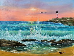 Морски вълни и морски фар маслена картина.Мелодията на вълните. Не е налична