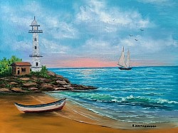 Залез над пристана маслена картина.Размер 79/60 см. рамка - 170 евро.