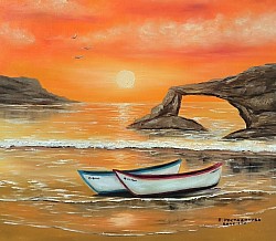 Морски залез,лодки и скали маслена картина.Портал към морския залез.Размер 70/60 см с рамка - 300 лв,-153,40 евро